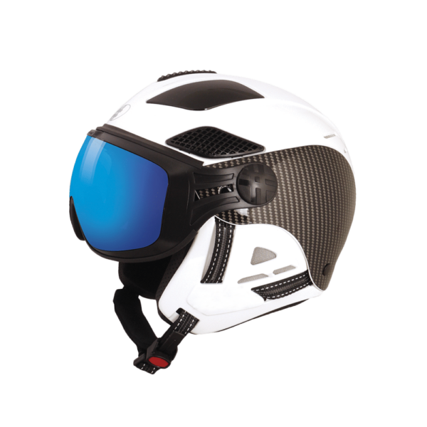 Casque de ski Diezz Louna II White Carbon avec visière ActivLux, vue de profil montrant la finition blanche avec effet carbone et la visière photochromique.